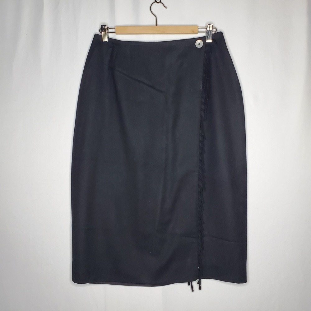 Lord Taylor Black Wool Wrap Skirt 10 Tassel Fringe Old Money Vtg Classic Career